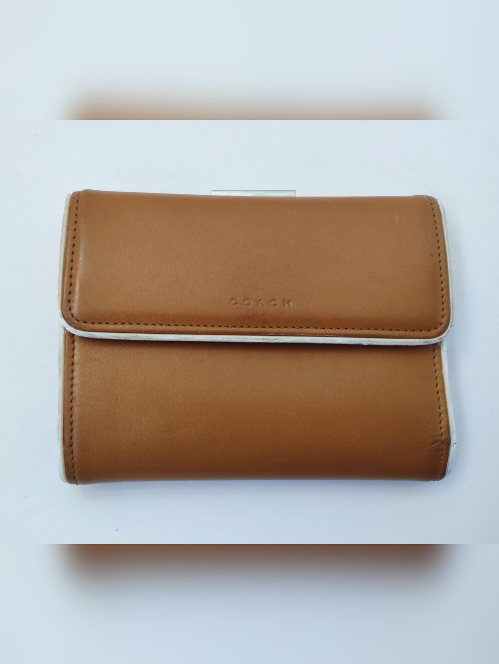 Coach Brown Trifold Leather Wallet with White Trim. Vintage.
